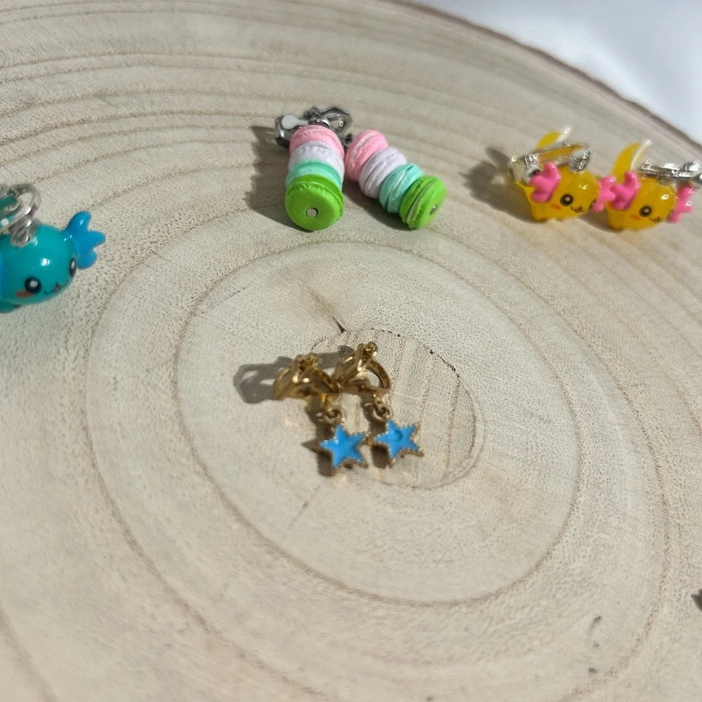 Girls Clip On Earring Lot Of‎ 6 Pair | Axolotls Flowers Macarons Hearts Stars